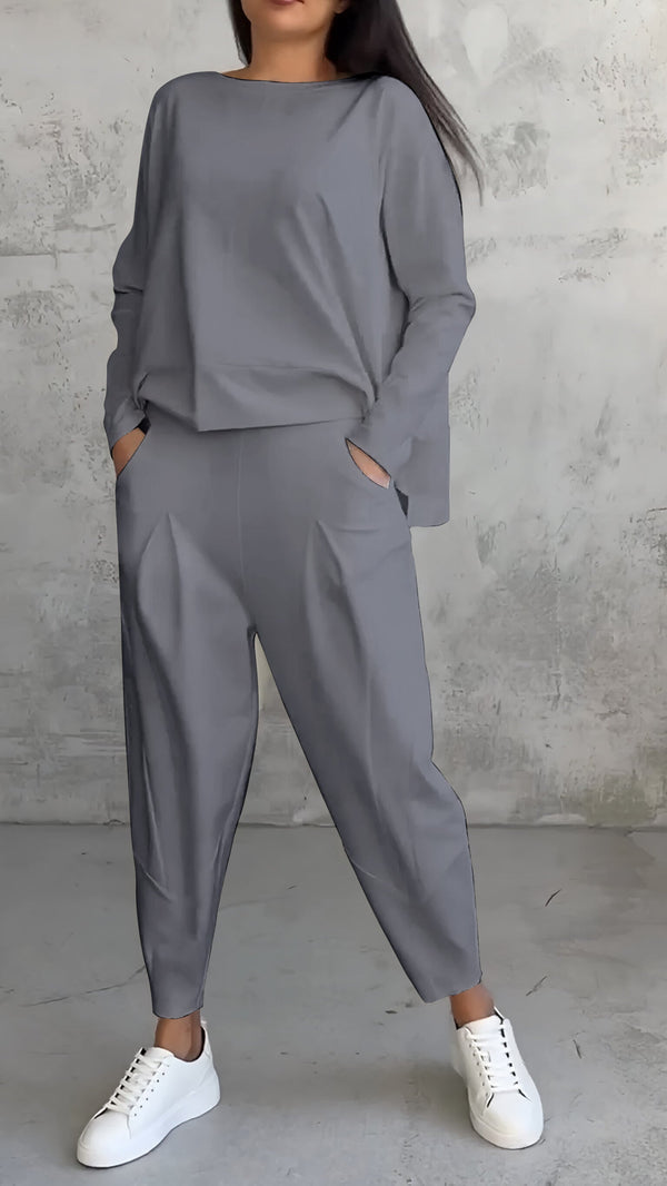 Women's Two-Piece Lounge Set - Loose Fit Long-Sleeve Top & Tapered Pants - Casual Wear
