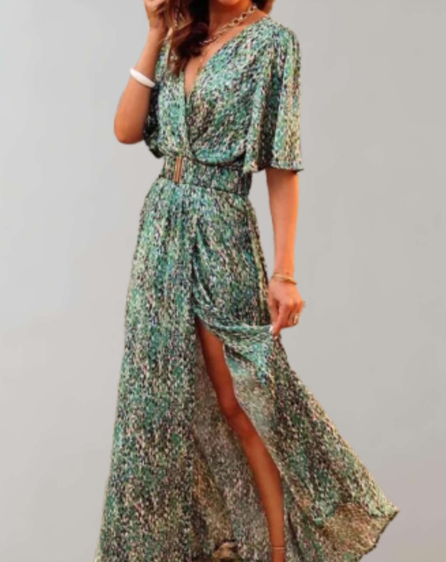 Women’s Maxi Dress – V-Neck – High Slit – Belted Waist – Lightweight Flowing Fit