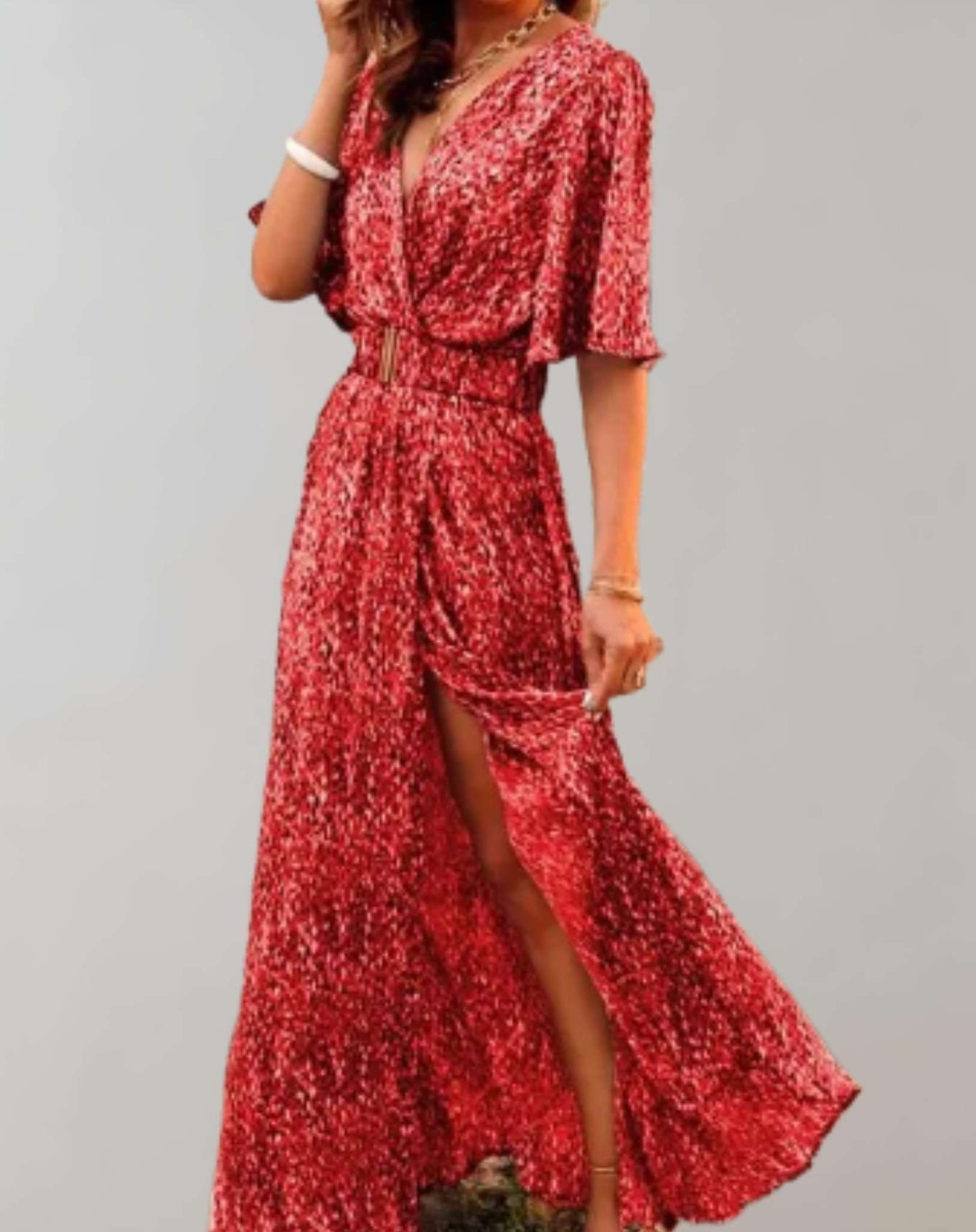 Women’s Maxi Dress – V-Neck – High Slit – Belted Waist – Lightweight Flowing Fit