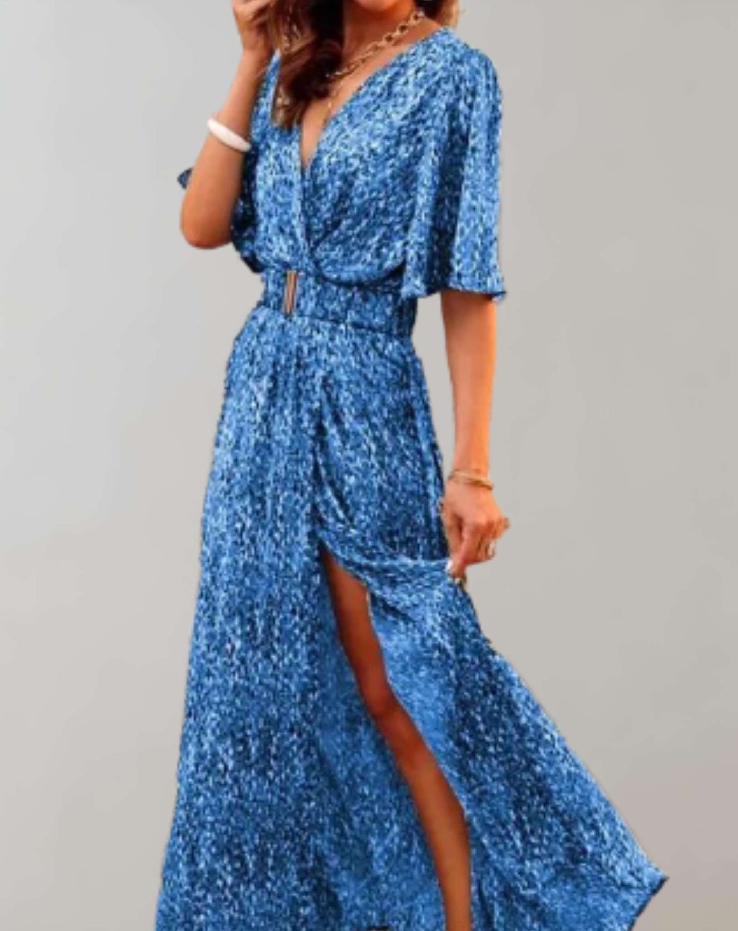 Women’s Maxi Dress – V-Neck – High Slit – Belted Waist – Lightweight Flowing Fit
