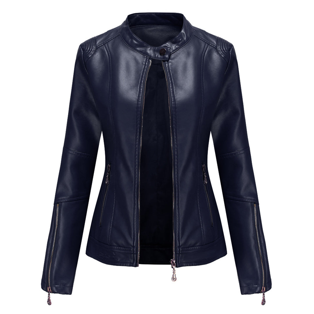 Women's leather short jacket with stand collar