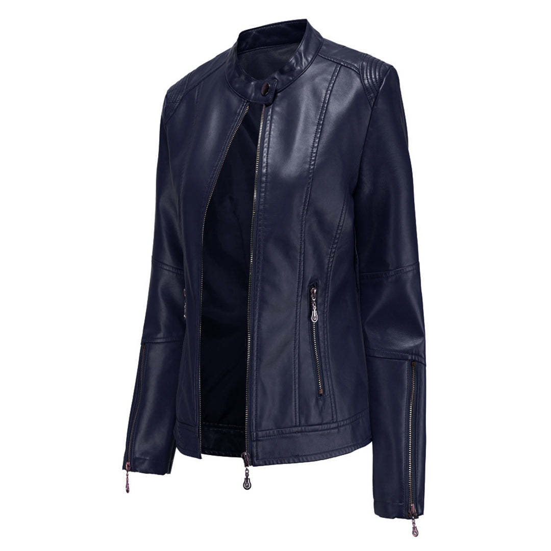 Women's leather short jacket with stand collar