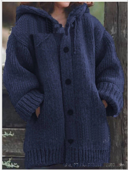 Women's solid color loose knit hoodie sweater jacket