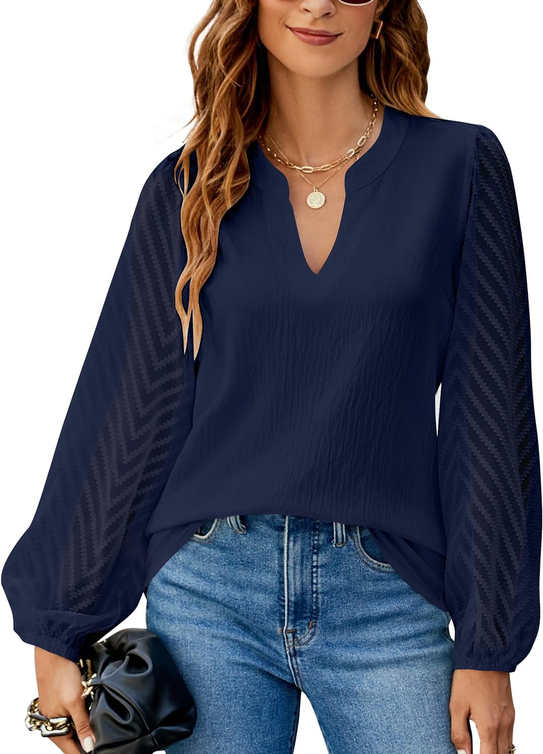 Women's Blouse - V-Neck - Long Sleeves - Relaxed Fit
