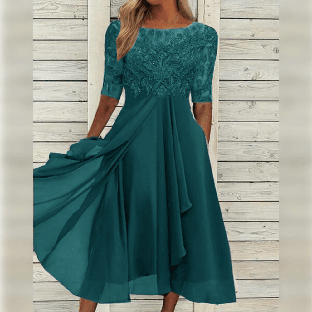 Women’s Midi Dress – Lace Bodice – Elbow Sleeve – Asymmetrical Flowing Skirt