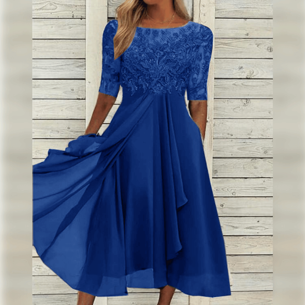 Women’s Midi Dress – Lace Bodice – Elbow Sleeve – Asymmetrical Flowing Skirt