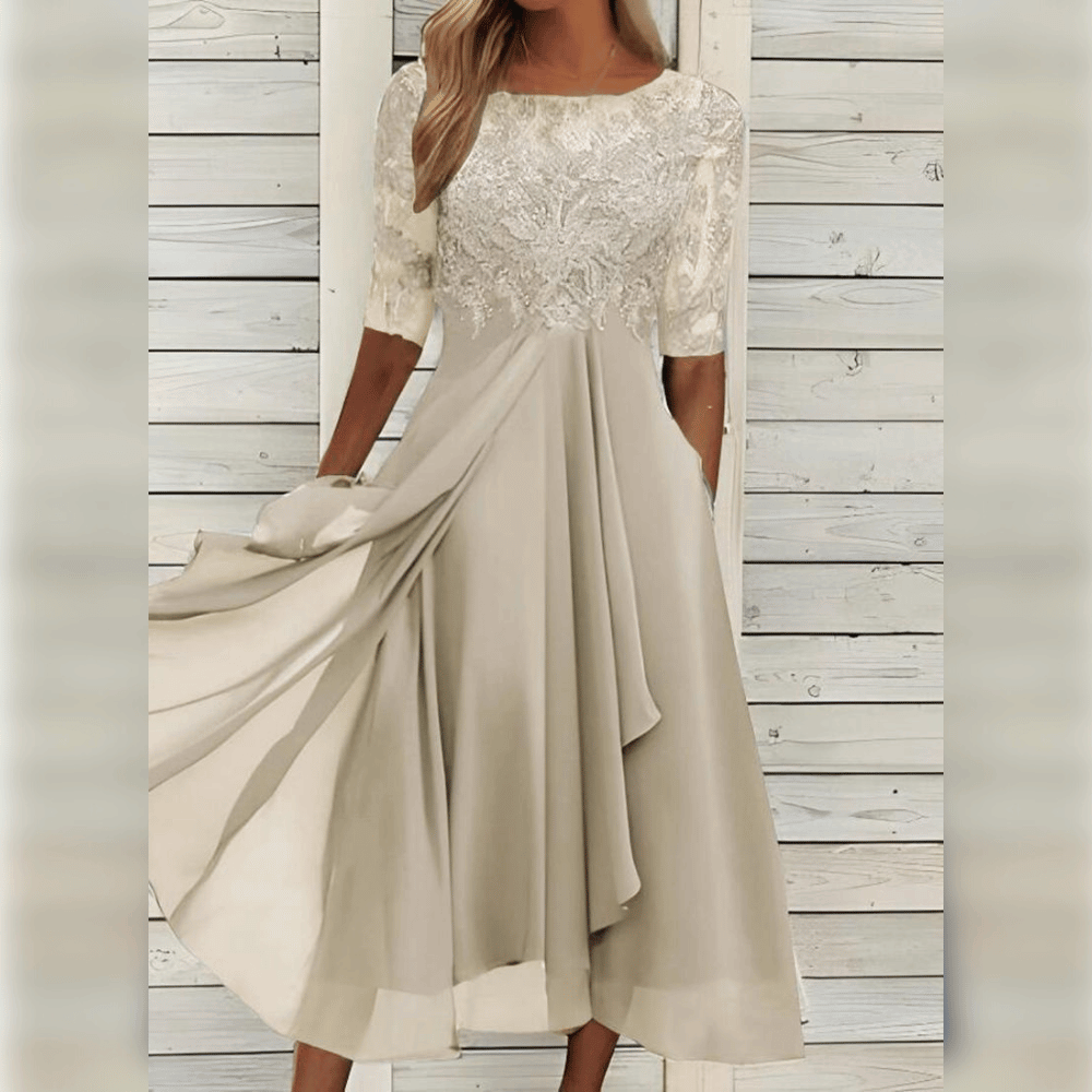 Women's Midi Dress - Lace Embroidered Bodice - Sheer Sleeves - Flowing A-Line Silhouette