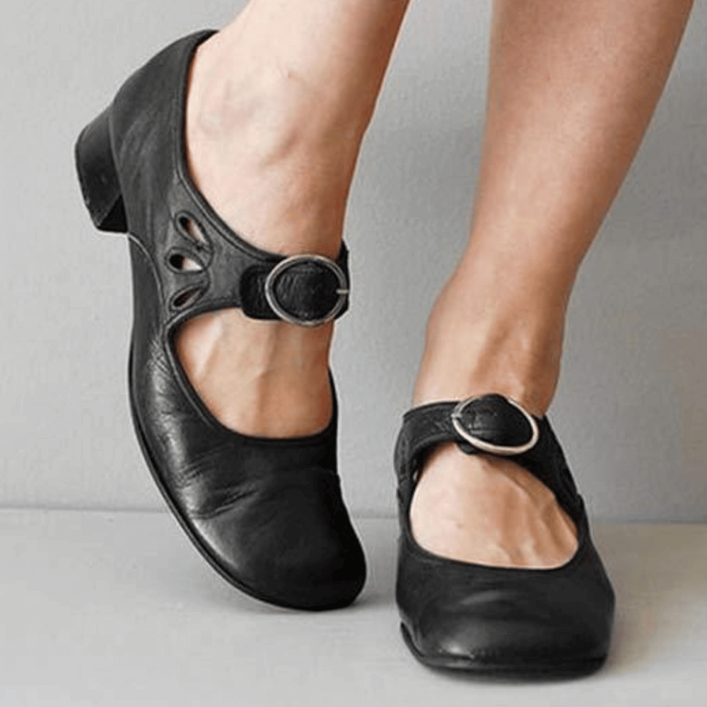 Women's Mary Jane Shoes - Leather - Buckle Strap - Low Block Heel - Comfortable Fit
