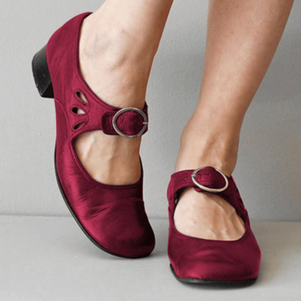 Women's Mary Jane Shoes - Leather - Buckle Strap - Low Block Heel - Comfortable Fit