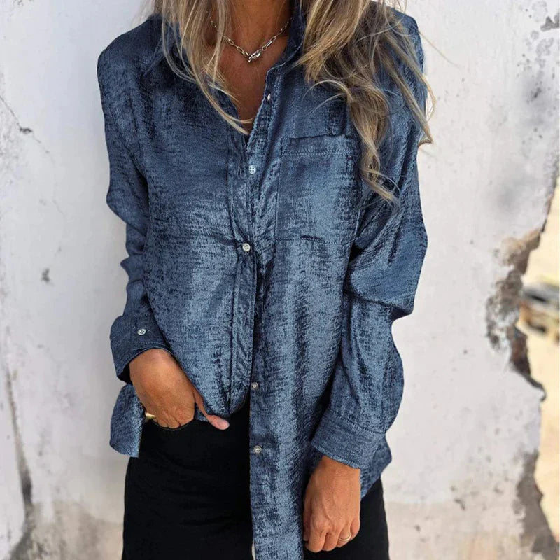 Women's Button-Up Shirt - Metallic Finish - Long Sleeve Loose Fit - Classic Collar