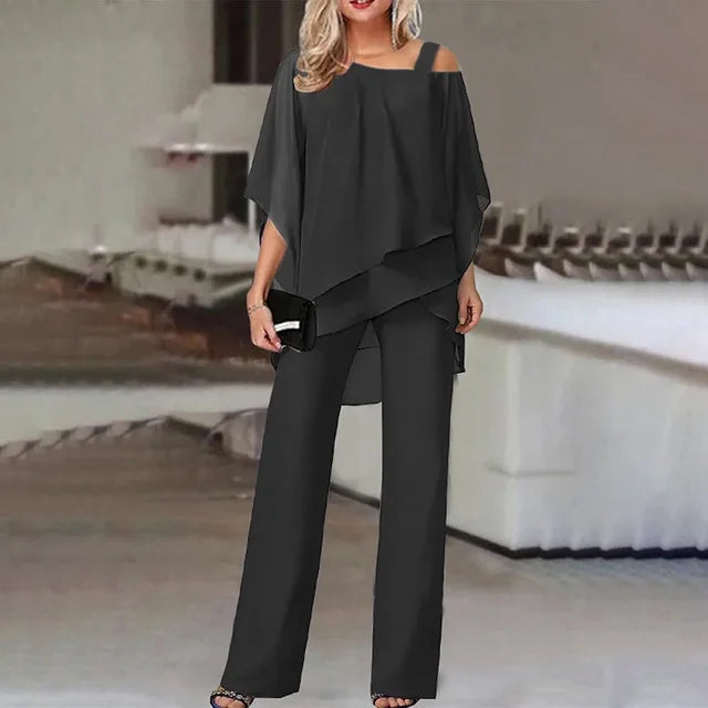 Women's Two-Piece Set - Poncho-Style Top & Wide-Leg Pants - Flowy & Chic