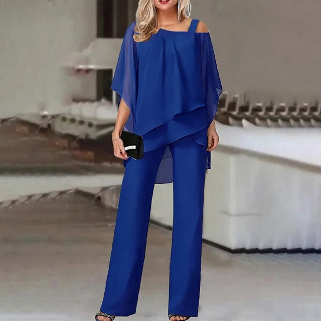 Women's Two-Piece Set - Poncho-Style Top & Wide-Leg Pants - Flowy & Chic