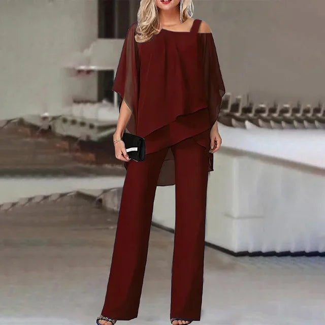 Women's Two-Piece Set - Poncho-Style Top & Wide-Leg Pants - Flowy & Chic