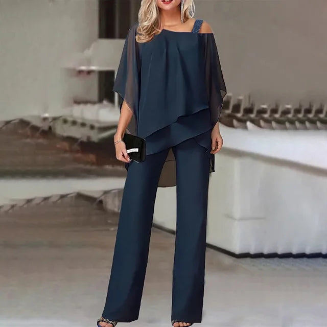 Women's Two-Piece Set - Poncho-Style Top & Wide-Leg Pants - Flowy & Chic