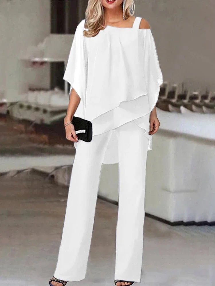 Women's Two-Piece Set - Poncho-Style Top & Wide-Leg Pants - Flowy & Chic