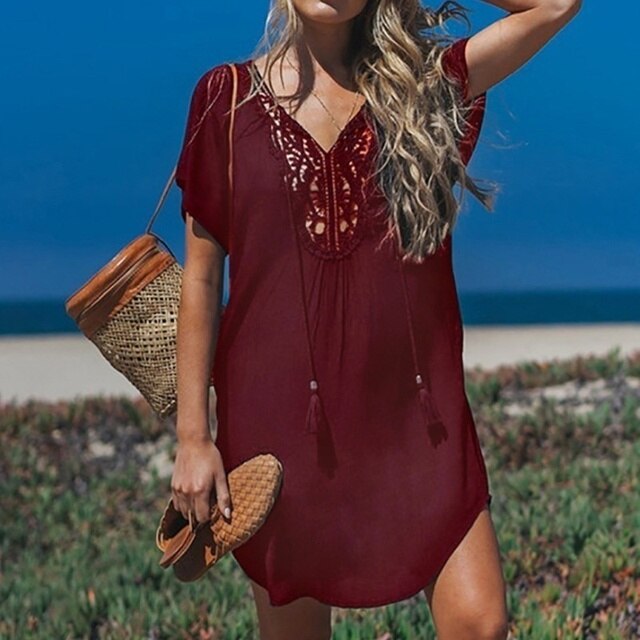 Women’s Swim Cover-Up – Relaxed Fit – Breathable Blend – Crochet V-Neck with Tassels