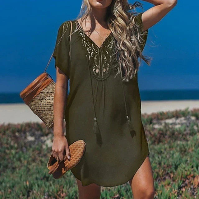 Women’s Swim Cover-Up – Relaxed Fit – Breathable Blend – Crochet V-Neck with Tassels