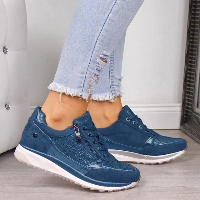 Women's Casual Sneakers - Soft & Textured Panels - Lace-Up with Side Zipper - Cushioned Sole