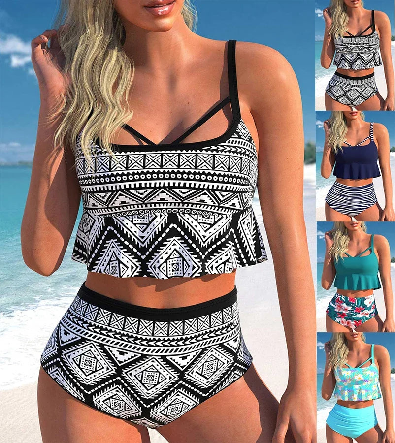 Women's Tankini Swimsuit - High-Waisted Bikini Bottom - Adjustable Straps - Full Coverage