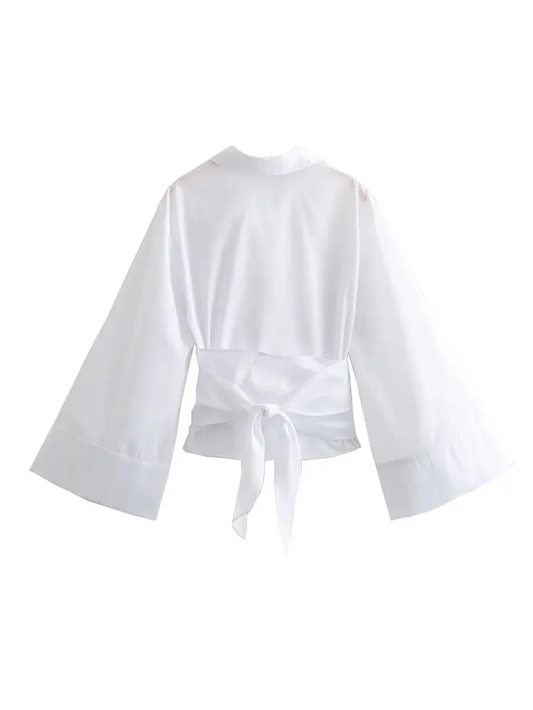 Women's Kimono Top - Loose Fit - Wide Sleeves - Wrap Front with Waist Tie