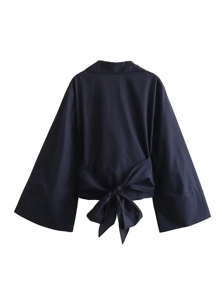 Women's Kimono Top - Loose Fit - Wide Sleeves - Wrap Front with Waist Tie