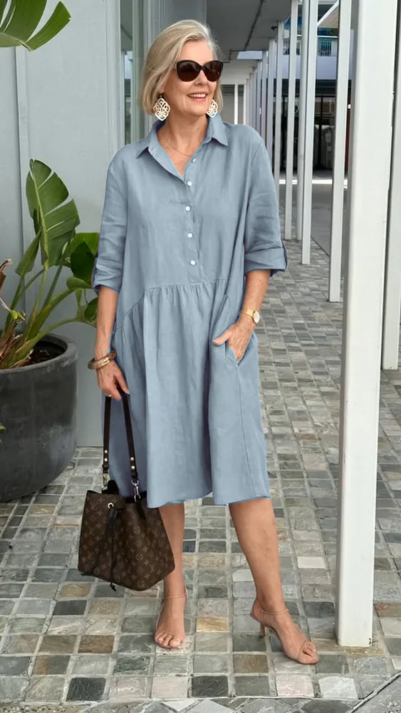 Women's Shirt Dress - Button Front - Long Sleeve - Relaxed Fit