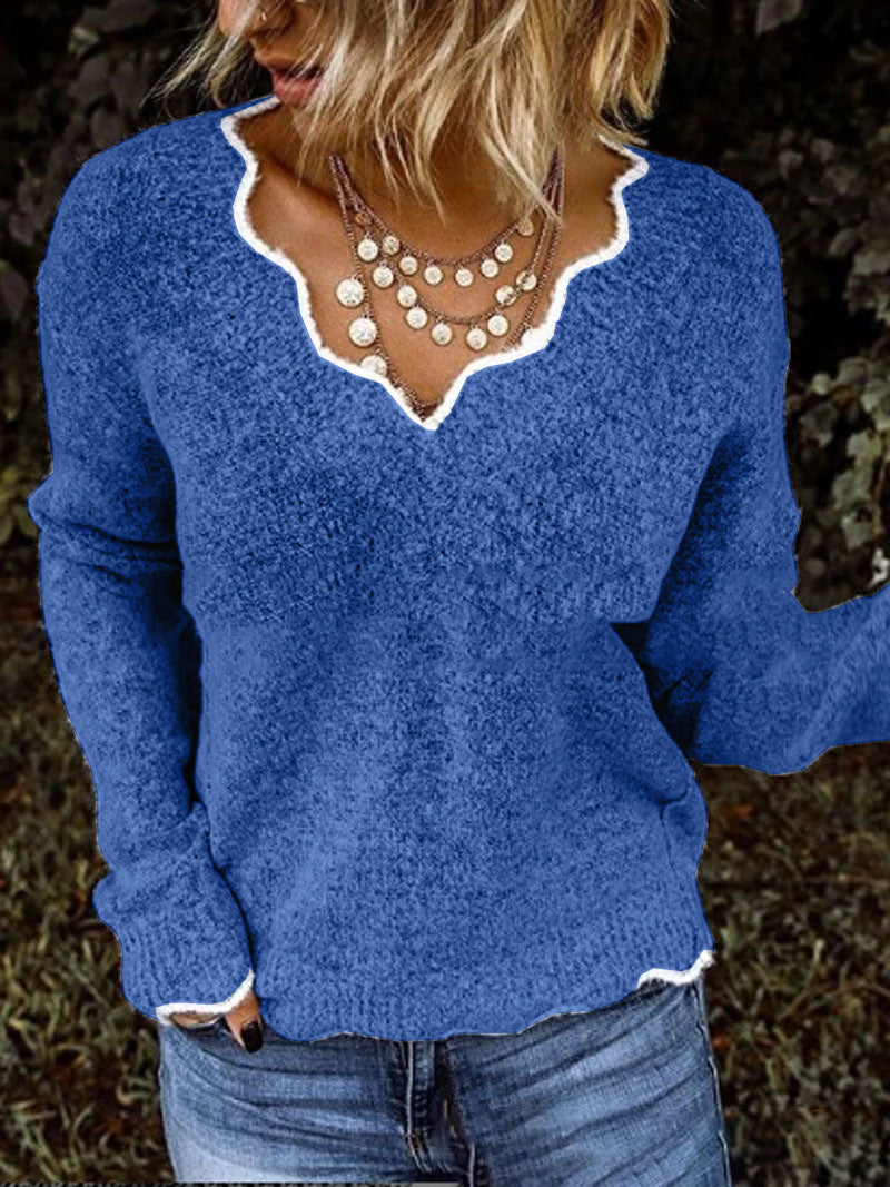 Women’s Sweatshirt – Relaxed Fit – Wool Knitted – Scalloped Neckline – Hip Length Pullover