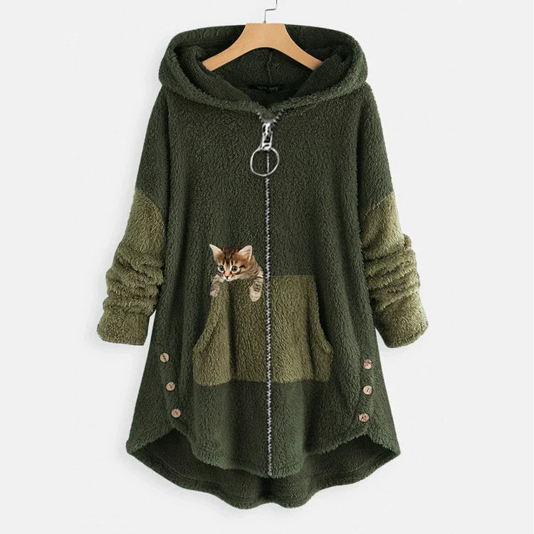 Women’s Long Hooded Jacket – Oversized Fit – Plush Fleece – Kangaroo Pocket – High-Low Hem