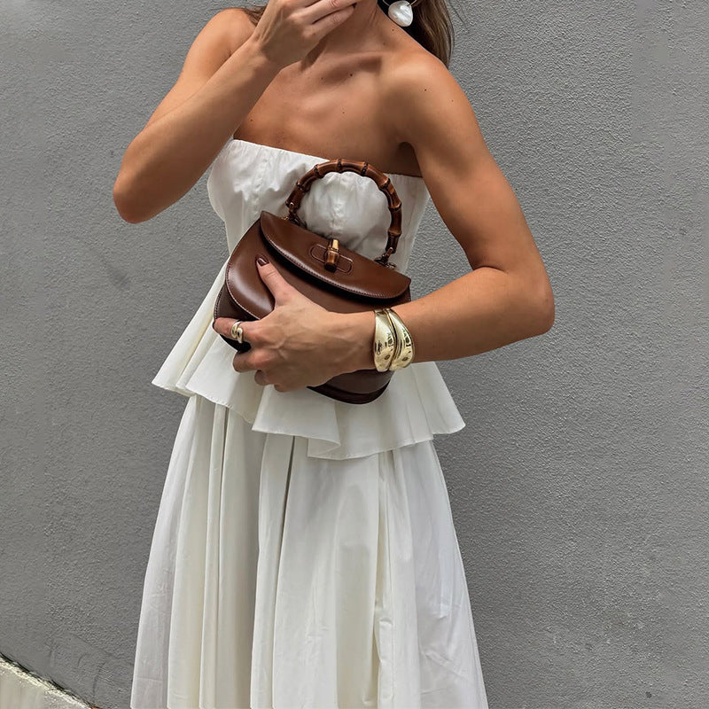 Women’s Strapless Maxi Dress – Fitted Bodice – Peplum Waist – A-Line Flowy Skirt