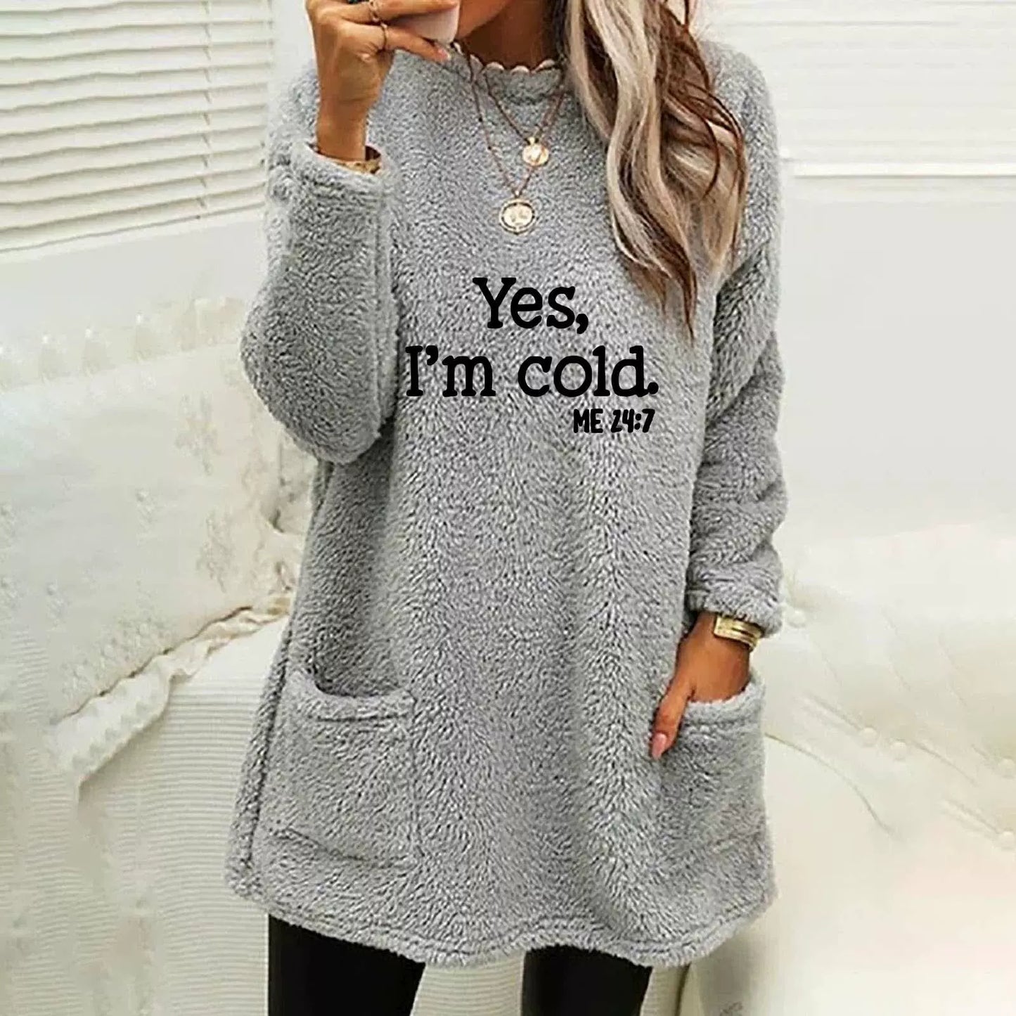 Women’s Oversized Sweatshirt – Double-Sided Fleece – Letter Print – Long Sleeve – Pockets
