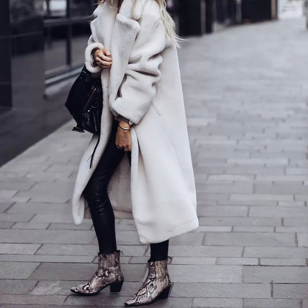 Women’s Long Coat – Oversized Fit – Plush Fleece – Notched Lapel – Full Length