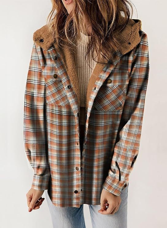 Women’s Jacket – Wool Blend – Relaxed Fit – Plaid – Plush Hood – Button-Up Casual Wear