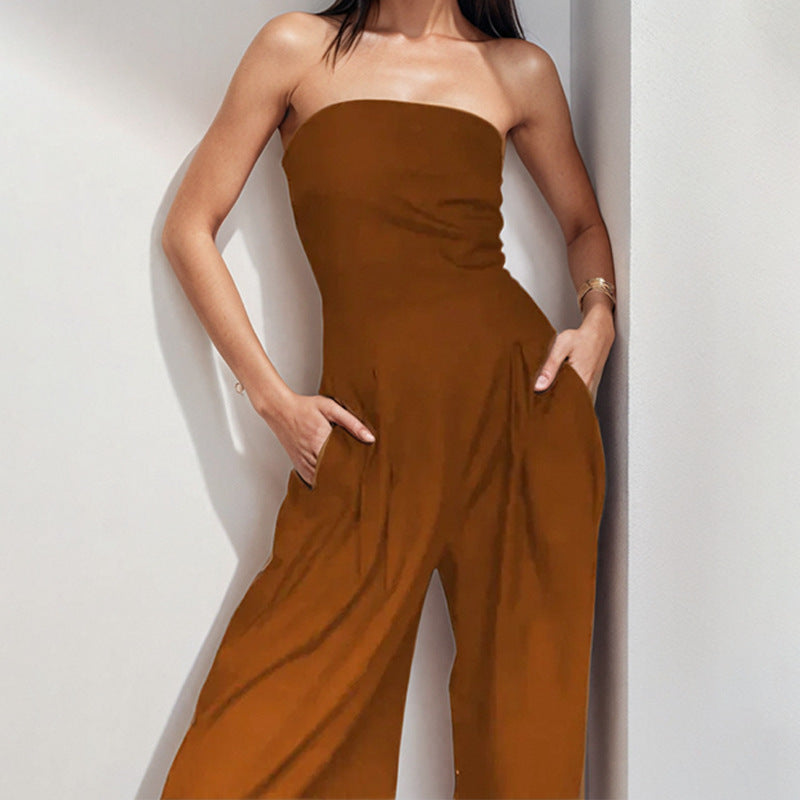 Women’s Strapless Jumpsuit – Silky Fabric – Wide Leg – Sleek Fit Formal Wear