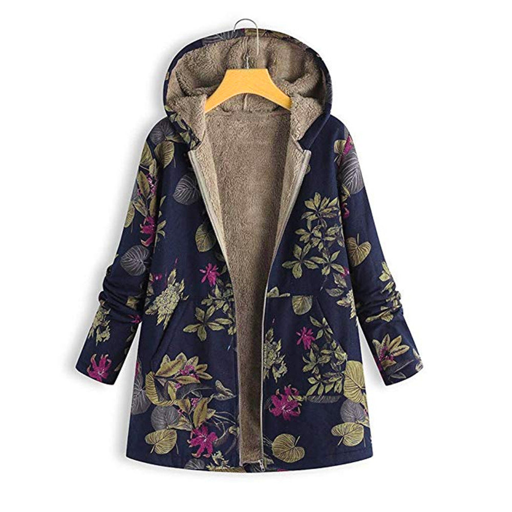 Women's Hooded Coat - Plush Lining - Floral Print - Relaxed Fit - Zipper Front
