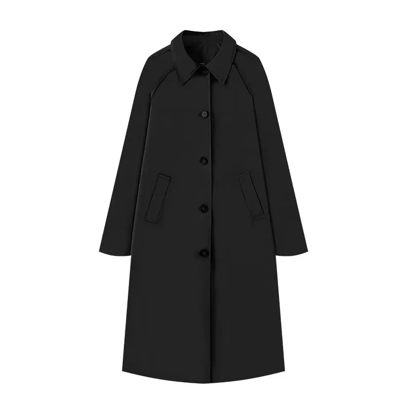 Women’s Coat – Relaxed Straight Fit – Midi Length – Raglan Sleeves – Point Collar