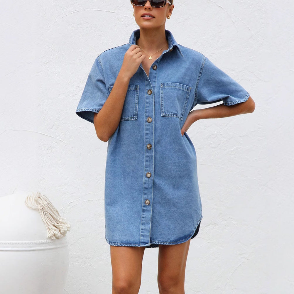 Women’s Shirt Dress – Denim Fabric – Oversized Fit – Button-Down – Short Sleeve