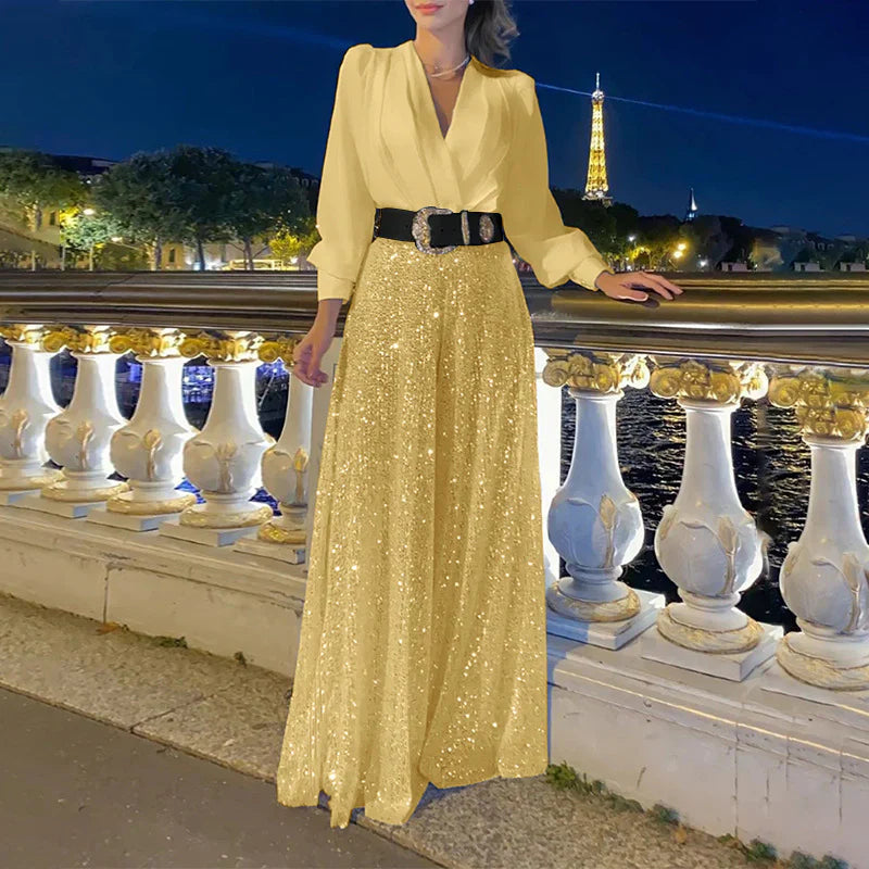 Women's v-neck top with sparkly wide leg pants set