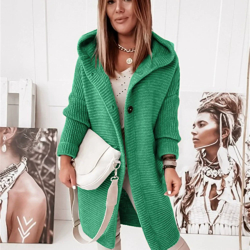 Women’s Hooded Cardigan – Ribbed Knit – Loose Fit – Long Line – Button Front