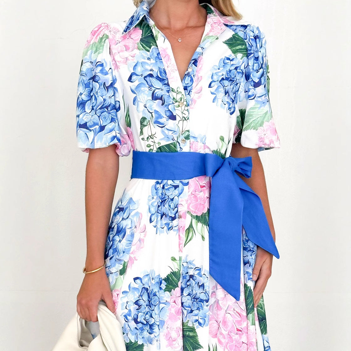 Women’s Maxi Dress – A-Line Fit – Floral Print – Short Sleeve – Waist Tie Boho Style
