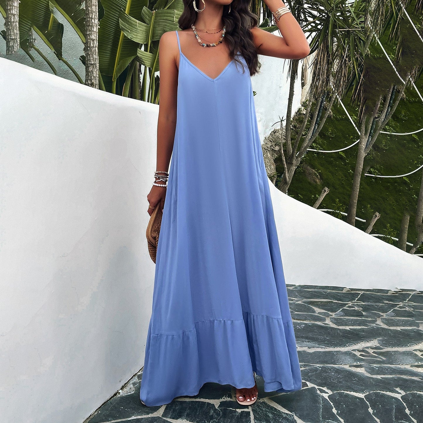 Women’s Maxi Dress – A-Line Fit – V-Neck – Lace Trim – Lightweight Cotton Blend