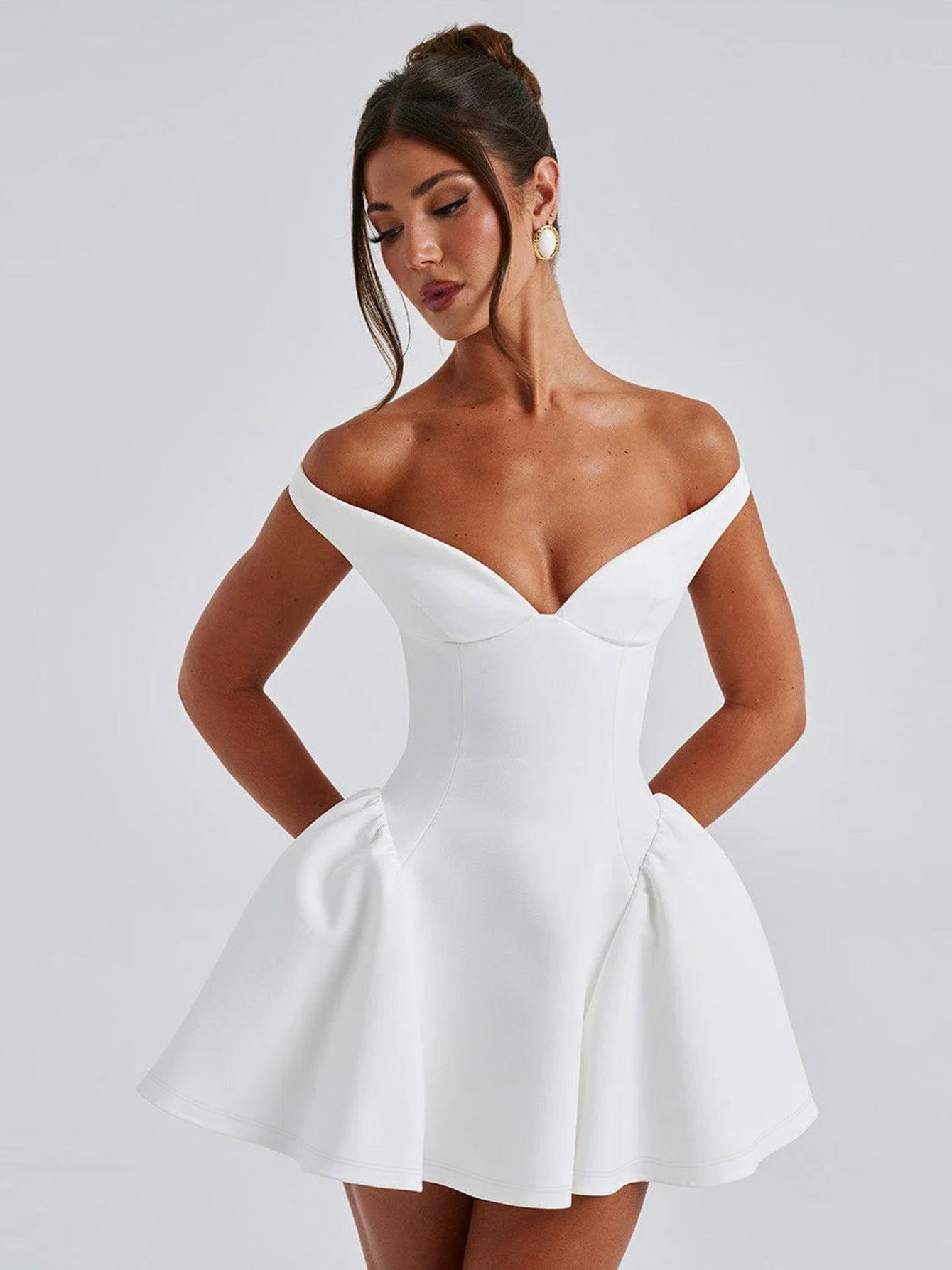 Women’s Cocktail Dress – Slim Fit – Off Shoulder – Deep V Neck – Flare Dress