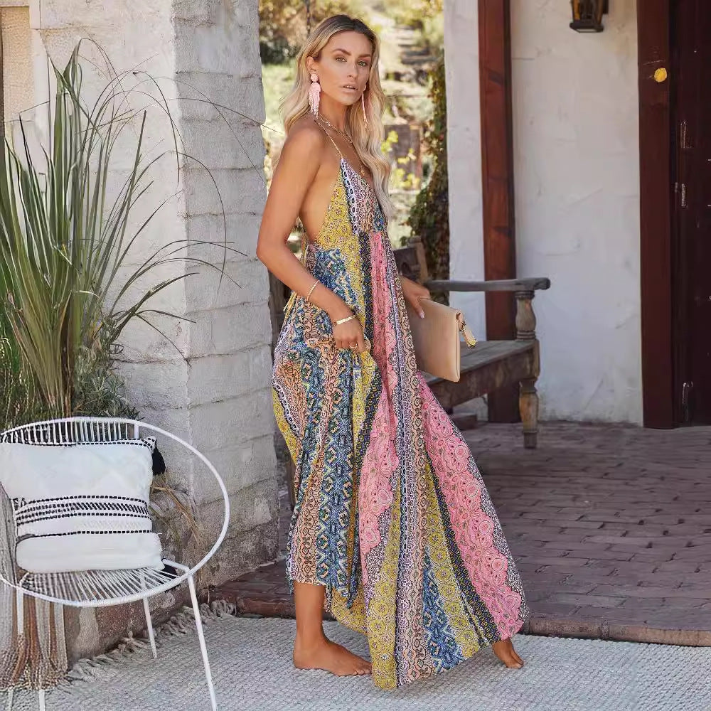 Women’s Maxi Dress – V-Neck – Open Back – Spaghetti Straps – Flowy Cotton Blend
