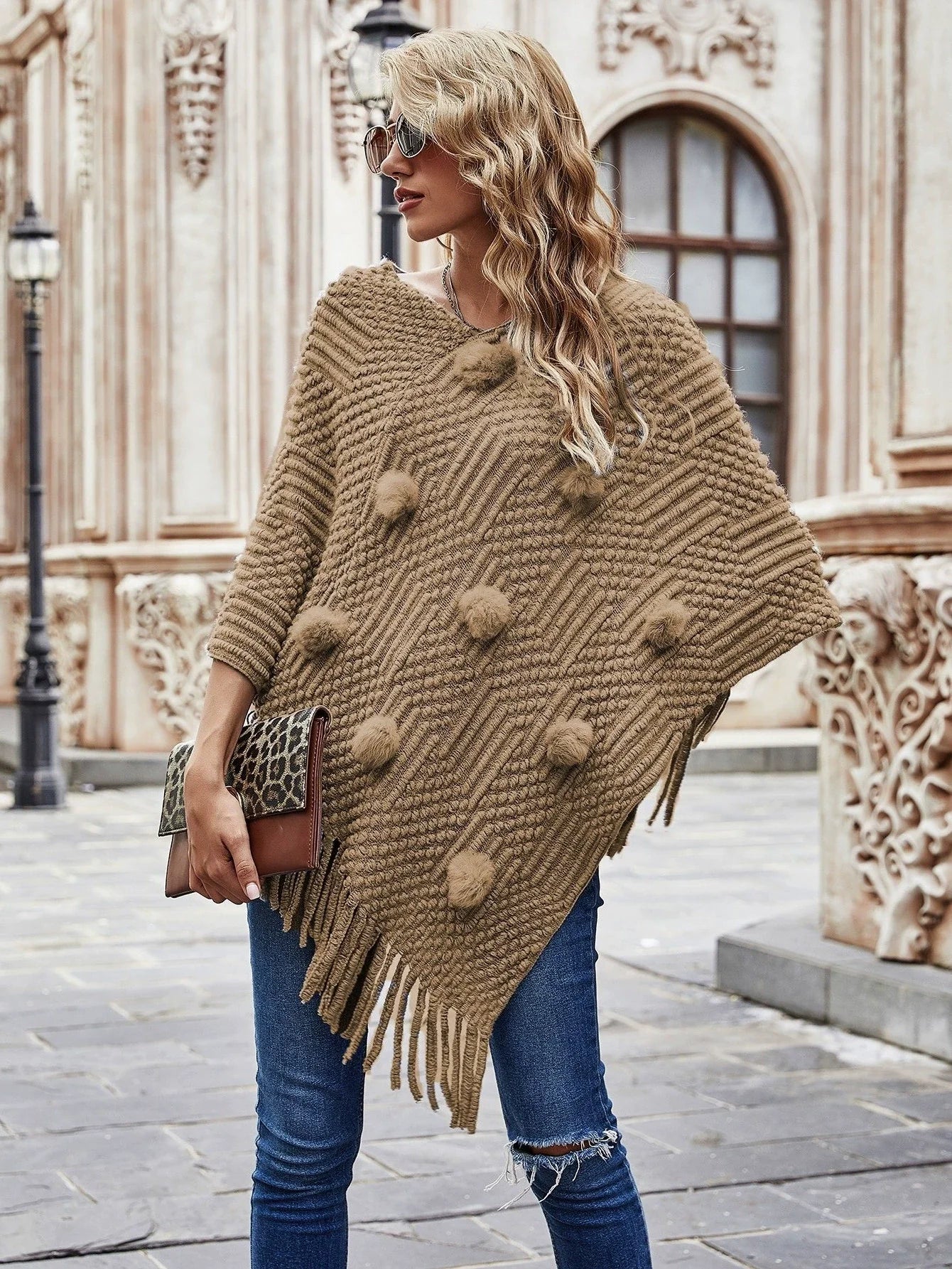 Women’s Shawl Sweater – Relaxed Fit – Knit Wool Blend – Fur Ball & Tassel Accents