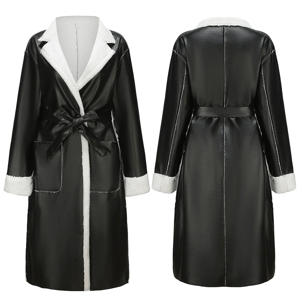Women’s Long Coat – Oversized Fit – Faux Leather – Plush Trim – Tie Waist – Full Length