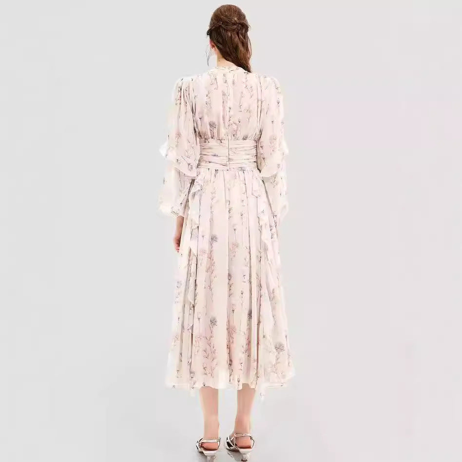 Women’s Evening Gown – Chiffon – Full Length – Long Sleeve – Ruffle – Printed