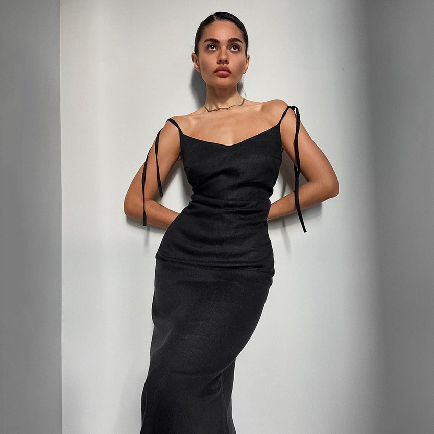Women’s Sundress – Cotton Linen Blend – A-Line Flowy Fit – Adjustable Shoulder Straps – Full Length