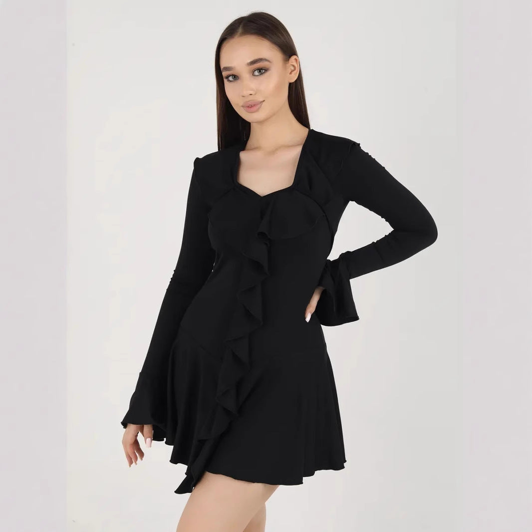 Women’s Mini Dress – Slim Fit – V-Neck – Ruffle Front – Bell Sleeves – Flared Hem