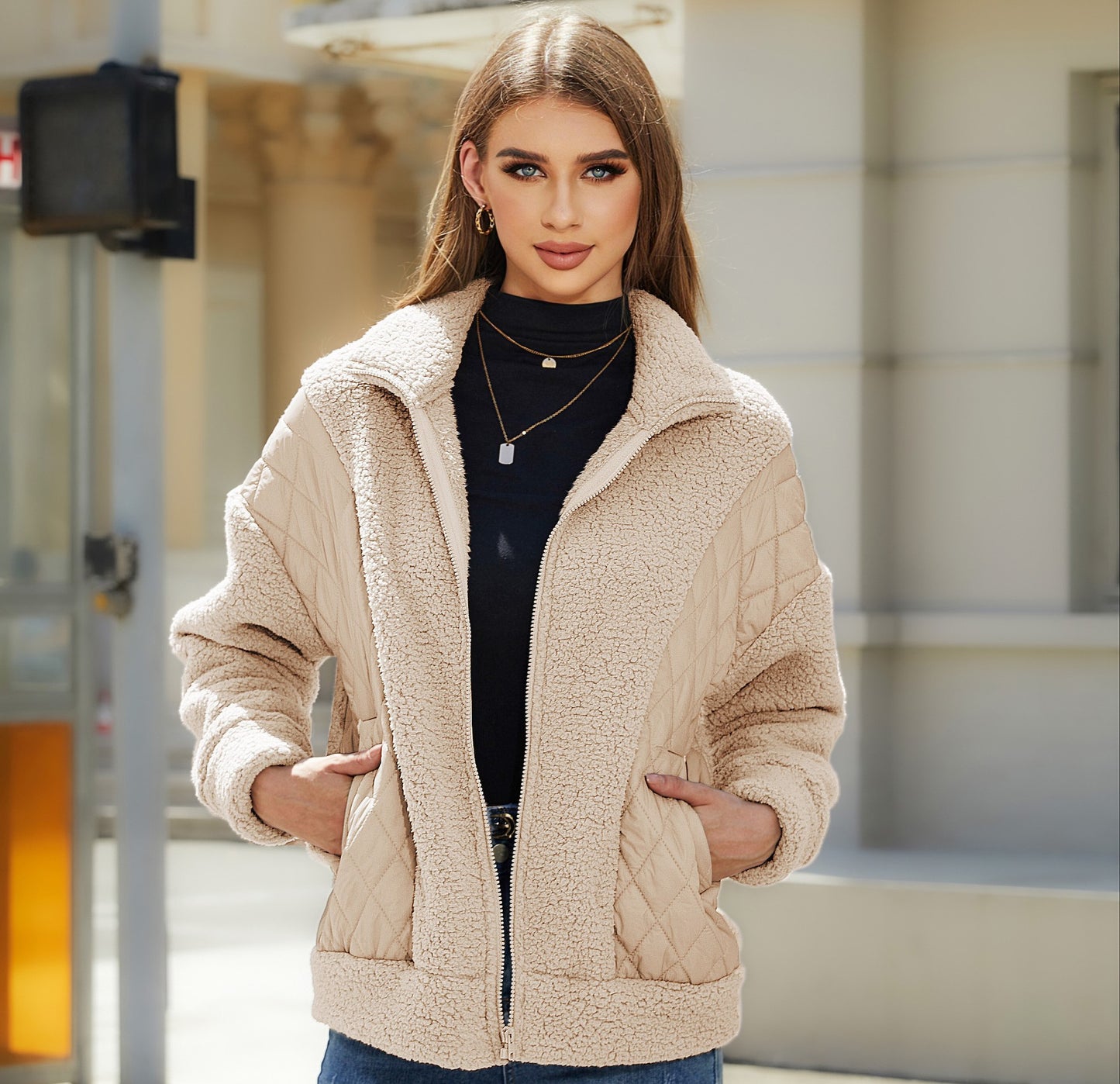 Women's plush zip-up spliced velvet jacket