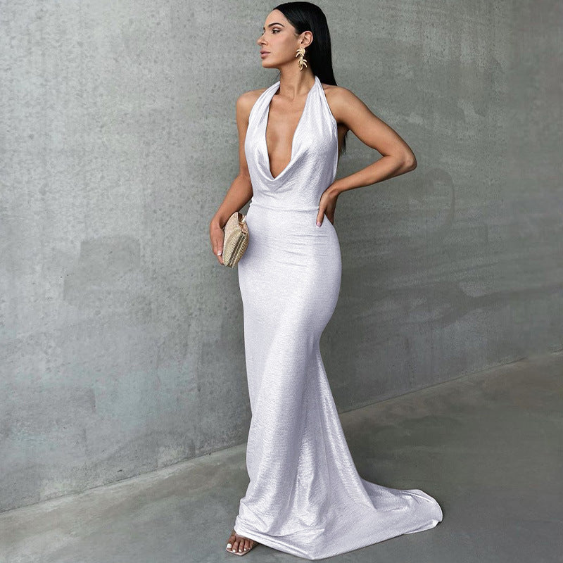 Women’s Maxi Dress – Slim Fit – Satin Finish – Plunging Halter Neck – Open Back