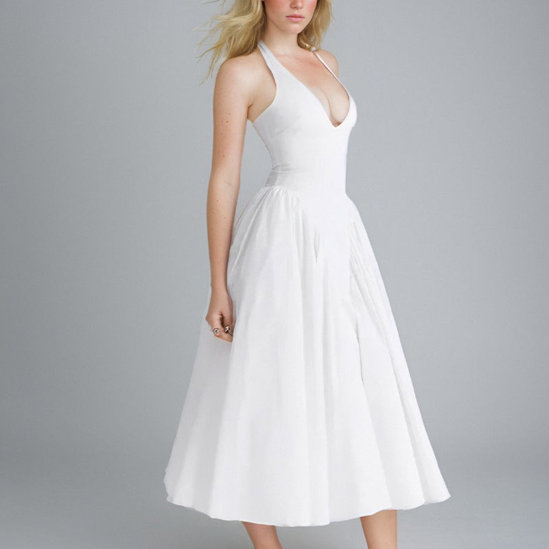 Plunge V-Neck Midi Fit-and-Flare Halter Dress